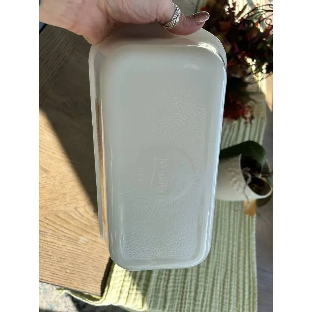 Vintage Fire King Milk Glass Loaf Pan, Harvest Pattern